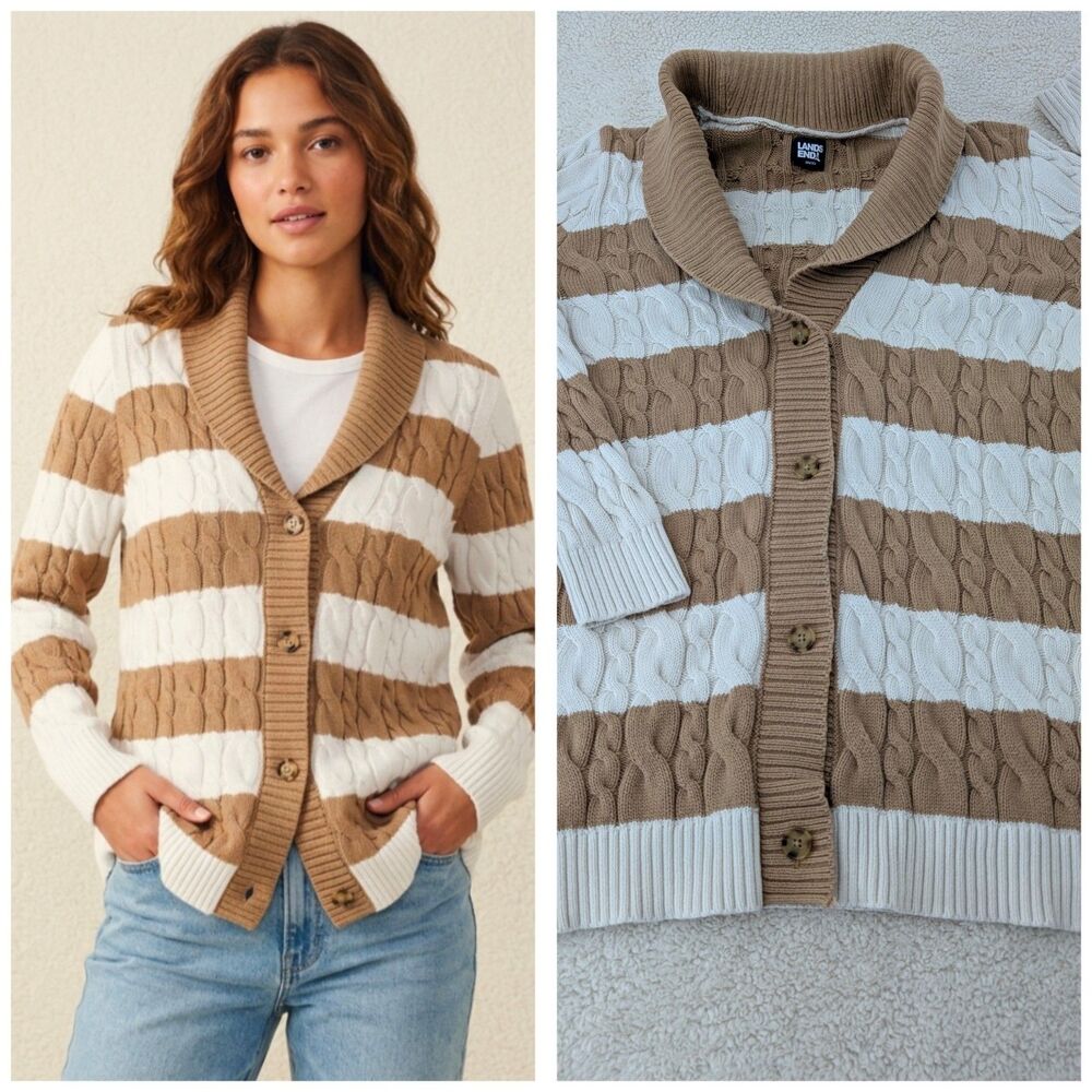 Lands’ End Womens M Cotton Drifter Shawl Collar Cardigan Sweater Fall Favorite